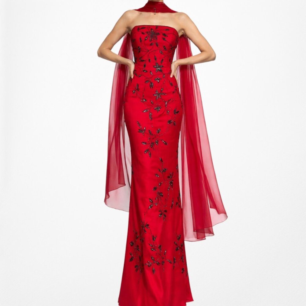 Vintage Y2K Red Black Floral Beaded Fit Flared Maxi Prom Dress Size L/XL